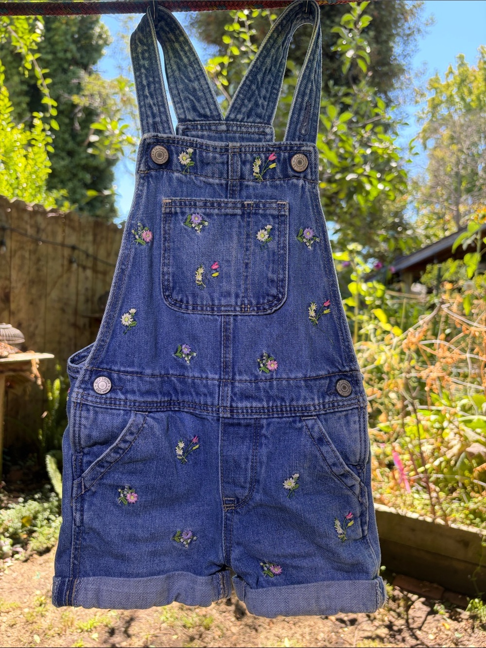Denim Floral Short Overalls 3T